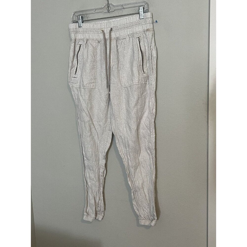 Athleta White Cabo Linen Leopard Print Zip Pockets Joggers Pants Womens Size 6